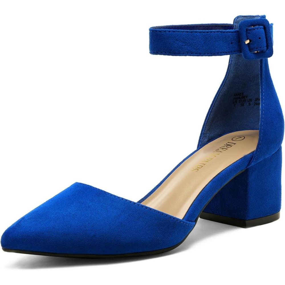 Women Pointed Toe Low Chunky Heels Pump Royal Blue Non-Slip Outsole Shoes
